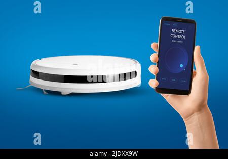 Woman with mobile phone and modern remote controlled robot vacuum cleaner on blue background Stock Photo