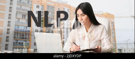 Double exposure of businesswoman in office and modern city buildings. NLP concept Stock Photo