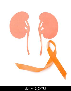 Orange awareness ribbon and paper kidneys on white background Stock Photo