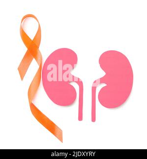 Orange awareness ribbon and paper kidneys on white background Stock Photo