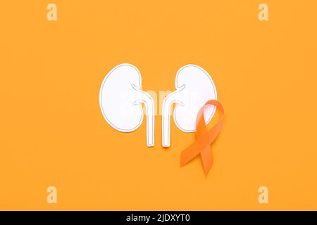 Awareness ribbon and paper kidneys on orange background Stock Photo