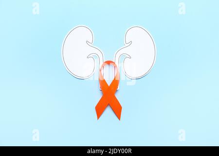 Orange awareness ribbon and paper kidneys on blue background Stock Photo