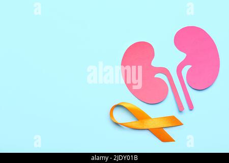 Orange awareness ribbon and paper kidneys on blue background Stock Photo