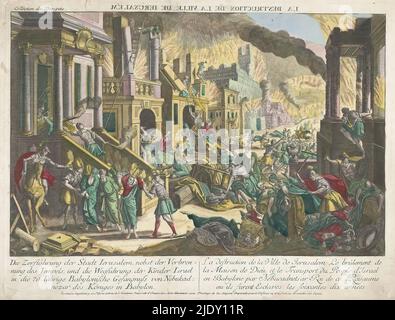 The Destruction of the City of Jerusalem, Die Zerstöhrung der Stadt Ierusalem (...) (title on object), View of a street in a burning city, with Roman-looking soldiers wreaking havoc, looting valuables, killing or capturing people. Below the image the expanded title in German and French, publisher: Kaiserlich Franziskische Akademie, (mentioned on object), print maker: anonymous, Jozef II (Duits keizer), (mentioned on object), publisher: Augsburg, print maker: Germany, 1755 - 1779, paper, etching, brush, height 335 mm × width 435 mm Stock Photo