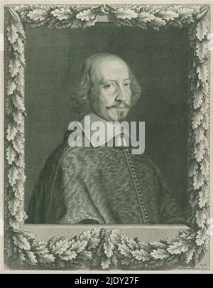 Portrait Cardinal Le Mazarin, Portrait at half face, slightly to left, in window framed with laurel wreath., print maker: Robert Nanteuil, (mentioned on object), after own design by: Robert Nanteuil, 1656, paper, engraving, height 352 mm × width 273 mm Stock Photo