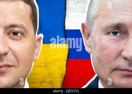 Volodymyr Zelensky, Vladimir Putin, Ukrainian flag and Russian flag Stock Photo