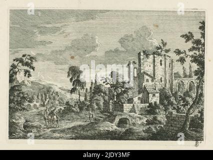 Landscape with ruin, Lower right numbered 4., print maker: Monogrammist MEG, Germany, 1700 - 1730, paper, etching, height 204 mm × width 296 mm, height 172 mm × width 251 mm Stock Photo