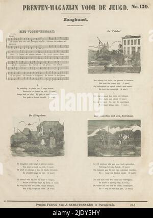 Print magazine for young people / Singing art (title on object), Groot en goed (series title on object), Sheet with music piece 'Het Vischvermaak' and 3 representations: the totebel, the angler and fishing with a schrobnet. Below the representations are various verses of the musical composition. Numbered top right: No. 130, bottom left: (6.), publisher: Jan Schuitemaker, (mentioned on object), print maker: anonymous, publisher: Purmerend, print maker: Netherlands, 1853, paper, letterpress printing, height 410 mm × width 326 mm Stock Photo