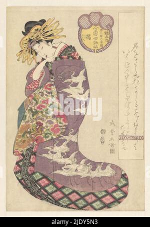Courtisane Tachibana from the Tsuruya house, Courtisane in multicolored kimono. The outer layer of her kimono depicts cranes (Japanese: tsuru), referring to the name of her house. The Japanese print title names her assistants Ukon and Sakon., print maker: Kitagawa Shikimaro, (mentioned on object), Japan, 1813, paper, color woodcut, height 389 mm × width 264 mm Stock Photo