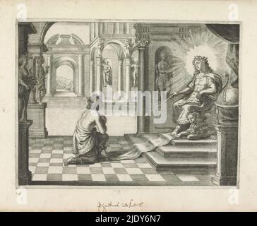 Phaëthon asks his father if he may ride in his solar chariot, Metamorphoses of Ovid (series title), Phaëthon kneels in front of his throne in the palace of his father, the sun god, asking if he may ride in his solar chariot. In the background is the sun chariot., print maker: Crispijn van de Passe (II), after design by: Bartholomeus van Bassen, (possibly), publisher: Crispijn van de Passe (II), (attributed to), c. 1636 - 1670, paper, engraving, height 163 mm × width 218 mm Stock Photo