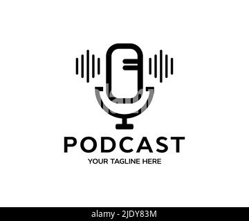 Podcast, Broadcast,news and radio streaming logo design. Live performances. Audio voice with radio microphone, Dj audio podcasting, Recording studio. Stock Vector