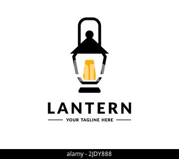 Vintage old lantern lighting logo design. Burning lantern, Glass oil lamp. Storm lantern  vector design and illustration. Stock Vector