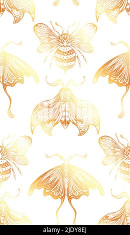 Vector seamless luxury pattern with drawing bee and night butterfly with boho decoration. Entomology texture with golden moth and bumblebee with trace Stock Vector