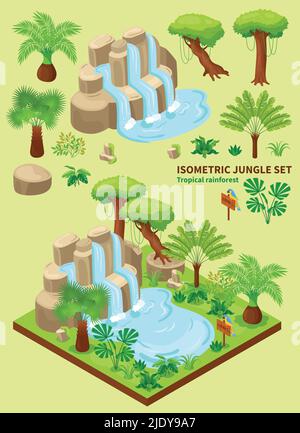 Isometric jungle set of square surface with exotic landform and isolated plants with trees and text vector illustration Stock Vector
