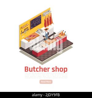 Meat shop interior isometric composition with beef cuts knives butcher behind counter selling ham steaks vector illustration Stock Vector