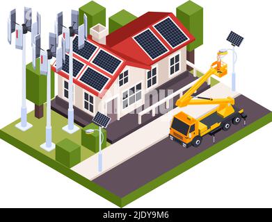 Electricity isometric composition with electrician replacing light bulb in post with solar panel 3d vector illustration Stock Vector