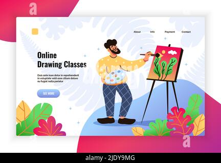 Hobbies online drawing classes flat colorful landing page banner with easel painting man in lounge wear vector illustration Stock Vector