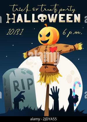 Halloween trick or treat party invitation announcement poster graveyard scene with rising scary zombie arms vector illustration Stock Vector