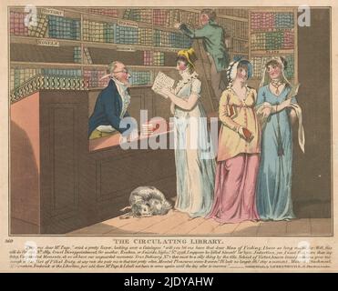 Three women in a lending library, The circulating library (title on object), In front of the counter stands a woman with a catalog in her hands. She is discussing the offering with the librarian, a man with a quill behind his ear who is standing on the other side of the counter. In the background, a man on a ladder is putting books back., print maker: anonymous, publisher: Laurie & Whittle, (mentioned on object), London, 1804, paper, etching, height 200 mm × width 252 mm Stock Photo
