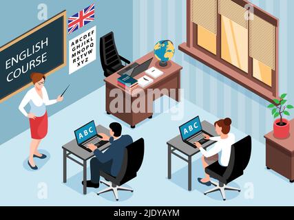 Isometric language training center horizontal composition with indoor view of classroom with teacher and students at desks vector illustration Stock Vector
