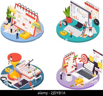 Time management planning schedule isometric icon set with to do lists planners and other descriptions vector illustration Stock Vector