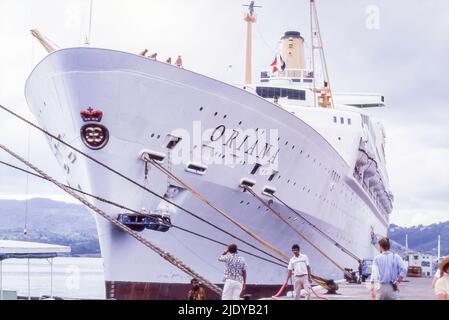 The white hulled SS Oriana, a P&O ship, moored in Fiji in