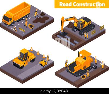 Colored road construction isometric icon set with workers four special yellow tracks vector illustration Stock Vector