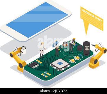 Semiconductor element in smartphone concept with hardware symbols isometric vector illustration Stock Vector