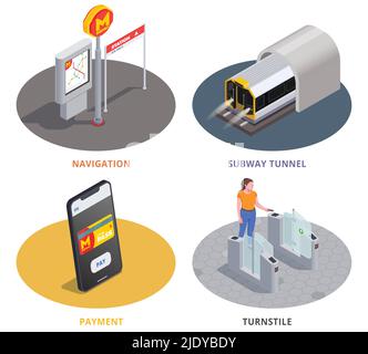 Colored 2x2 design concept with subway tunnel navigation online payment and woman going through turnstile 3d isometric isolated vector illustration Stock Vector
