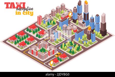Modern city taxi service for travelers isometric composition with planning journey using smartphone navigation app vector illustration Stock Vector