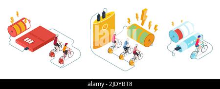 Power chargers set of isolated compositions with bicycle generator riders connected to power bank with batteries vector illustration Stock Vector