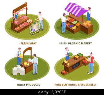 Farmers market 4 isometric compositions with fresh local organic dairy products meat fruits vegetables stalls vector illustration Stock Vector