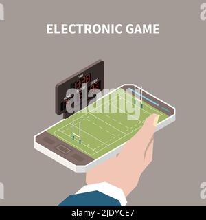 Human hand holding smartphone with opened electronic game with sport field 3d isometric vector illustration Stock Vector