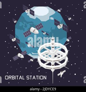 Isometric composition with orbital space station and ship 3d vector illustration Stock Vector