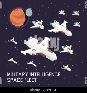 Isometric composition with military space ships flying on background with planets and stars 3d vector illustration Stock Vector