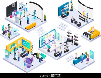 Modern technology exhibition halls 4 isometric compositions with ...