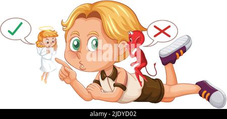 Cartoon character with devil and angel fighting in thought illustration Stock Vector