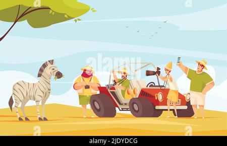Africa safari tour travelers making photos of zebra with camera and smartphone flat composition vector illustration Stock Vector