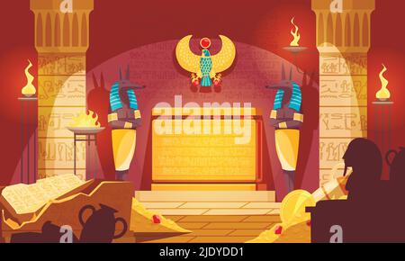 Egyptian burial chamber with god of death mummification figure guarding tomb food offerings dark silhouettes vector illustration Stock Vector