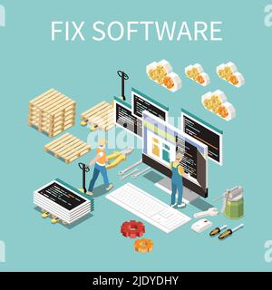 Software development concept with fix and support symbols isometric vector illustration Stock Vector
