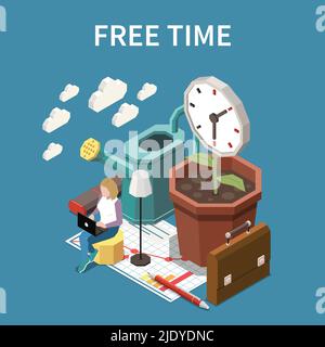 Free time concept with life balance symbols isometric vector illustration Stock Vector