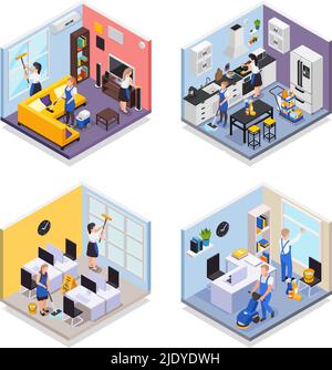 Professional cleaning service isometric set of four isolated compositions with various rooms being cleaned by workers vector illustration Stock Vector
