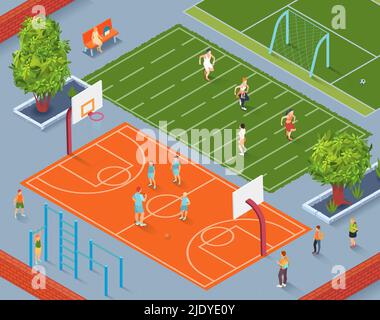 School sports ground isometric background with coach training pupils at basketball ground vector illustration Stock Vector