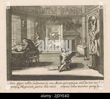 Printmaking, The workshop of a printmaker. At a table near the window, a man is working a burin into a copper plate. The plate lies on a cushion. At the same table sits an apprentice boy. He watches the boy who, sitting on a chair, is copying the large sculpture in the workshop. On the floor is his first sketch. Through the doorway there is a view of a printer's workshop. There a man works on a plate press, while the boy next to him inks the copper plate. Below the depiction four lines of text in Latin., print maker: Mathäus Küsel, Augsburg, 1680, paper, etching, height 136 mm × width 162 mm Stock Photo