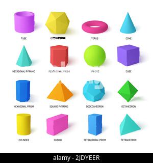 Basic stereometry shapes realistic colorful set of tetrahedral and hexagonal prism icosahedron dodecahedron square pyramid  isolated vector illustrati Stock Vector