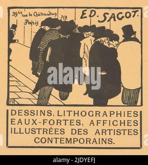 Business card of print dealer Edmond Sagot in Paris, People on the sidewalk in front of Edmond Sagot's shop window., print maker: anonymous, after design by: Félix Edouard Vallotton, (mentioned on object), publisher: Edmond Sagot, (possibly), Paris, 1892, paper, height 111 mm × width 114 mm Stock Photo