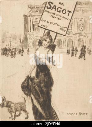 Business card of print dealer Edmond Sagot in Paris, A young woman with a billboard on her back in a square, possibly the Place de l'Opera., print maker: Richard Ranft, (mentioned on object), publisher: Edmond Sagot, (possibly), Paris, 1881 - 1917, paper, drypoint, height 122 mm × width 95 mm Stock Photo