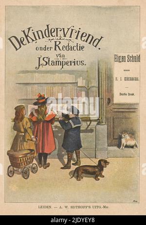 Three children in front of the window of a bookstore, print maker: anonymous, after design by: Cornelis Jetses, (mentioned on object), publisher: Albertus Willem Sijthoff, Leiden, c. 1910, paper, height 225 mm × width 150 mm Stock Photo
