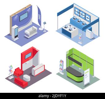 Isometric 2x2 design concept with empty expo stands in rooms for exhibition and promotion 3d isolated vector illustration Stock Vector
