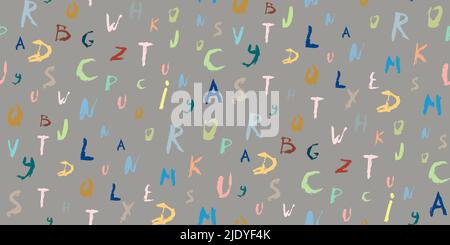 Color alphabet vector symbols. Seamless pattern of hand drawn brush calligraphy font on gray. Grunge brush texture alphabet. Modern textured pen strok Stock Vector